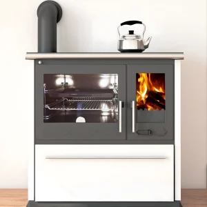 EEK A+ Küchenofen Holzherd Plamen 850 weiß, linke Version – 8 kW Dauerbrandherd