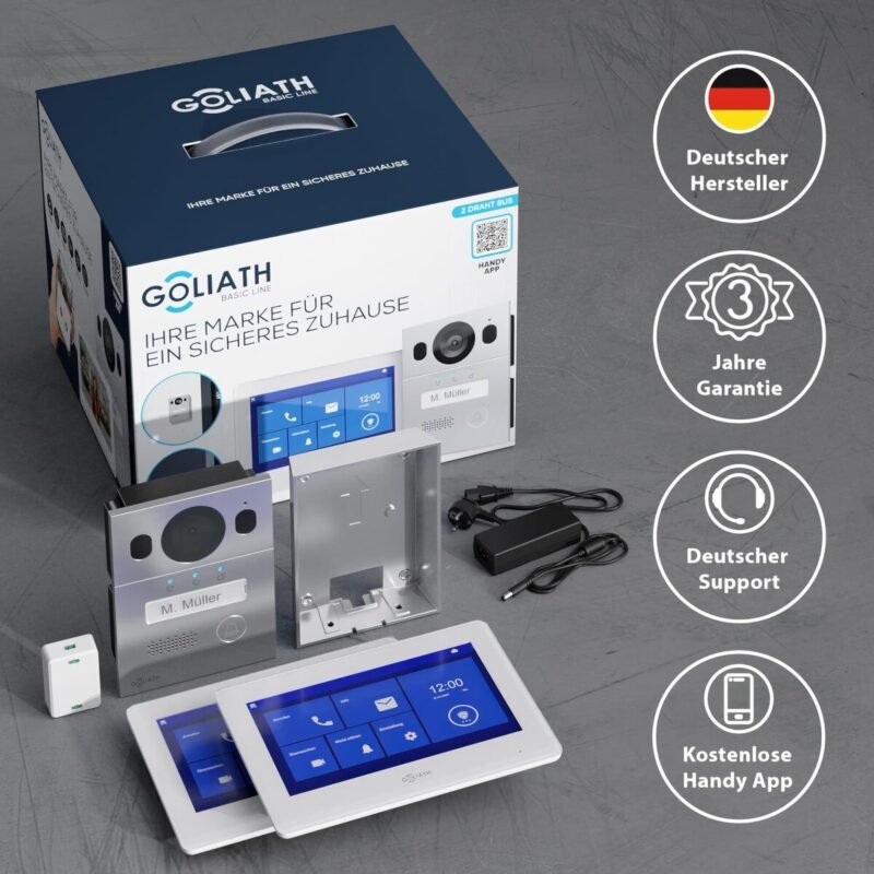 goliath basic 2 draht bus video tuersprechanlage fullhd app 150 1 familie silber weiss aufputz 2 x innenstationen12